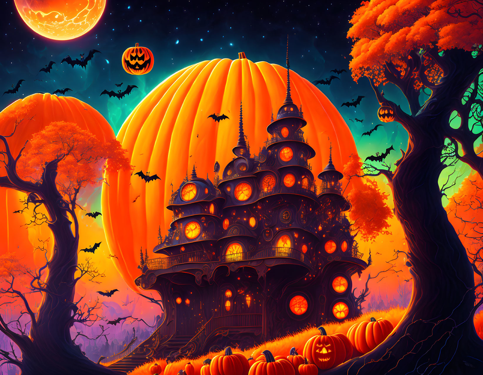 Colorful Halloween illustration: Haunted house, pumpkins, bats