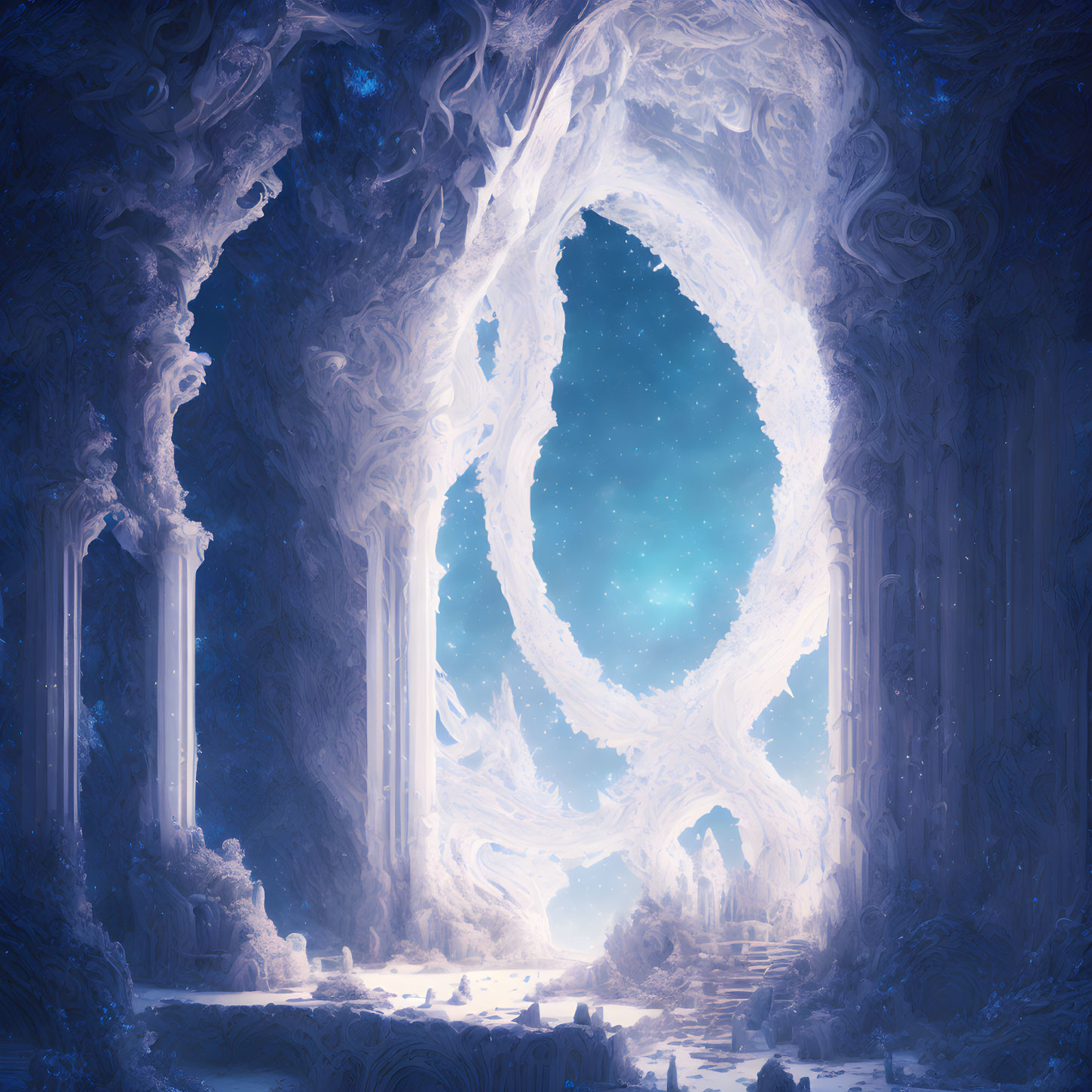 Ethereal blue cavern with intricate ice formations under star-filled night sky