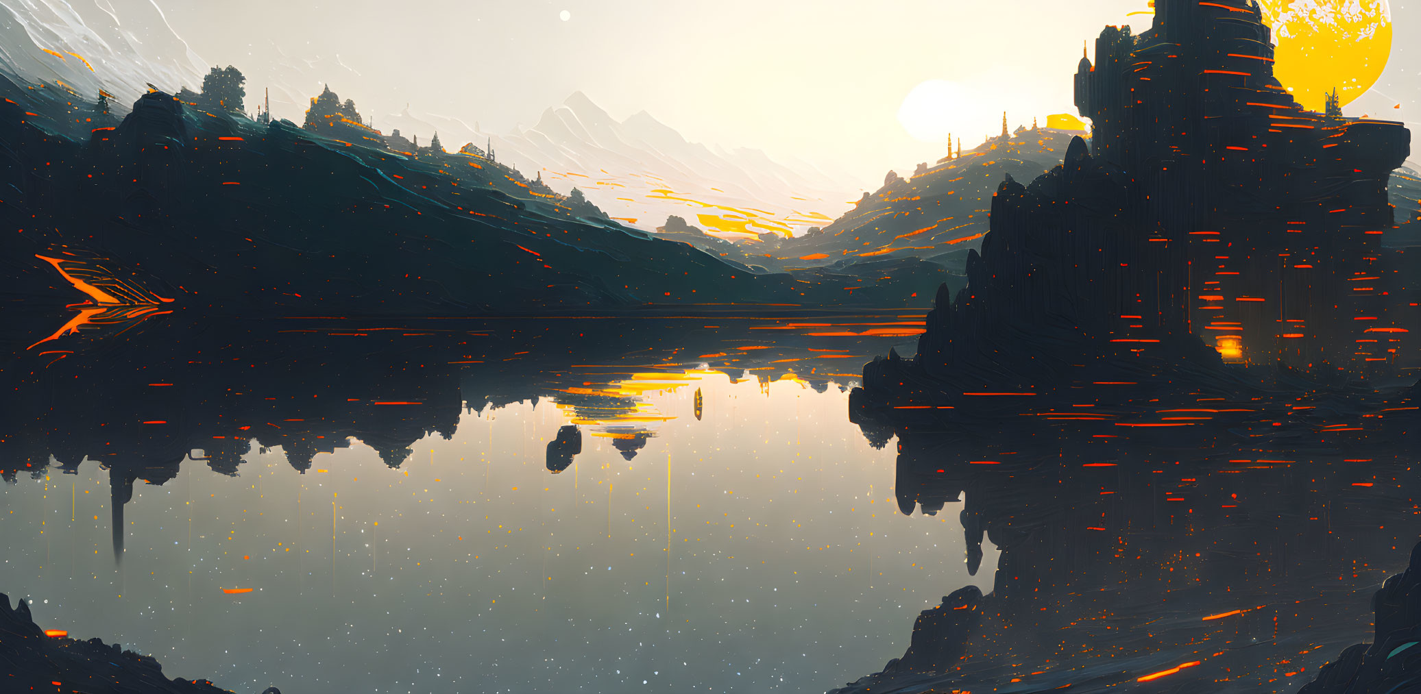 Tranquil sunset landscape with reflective lake and mountains