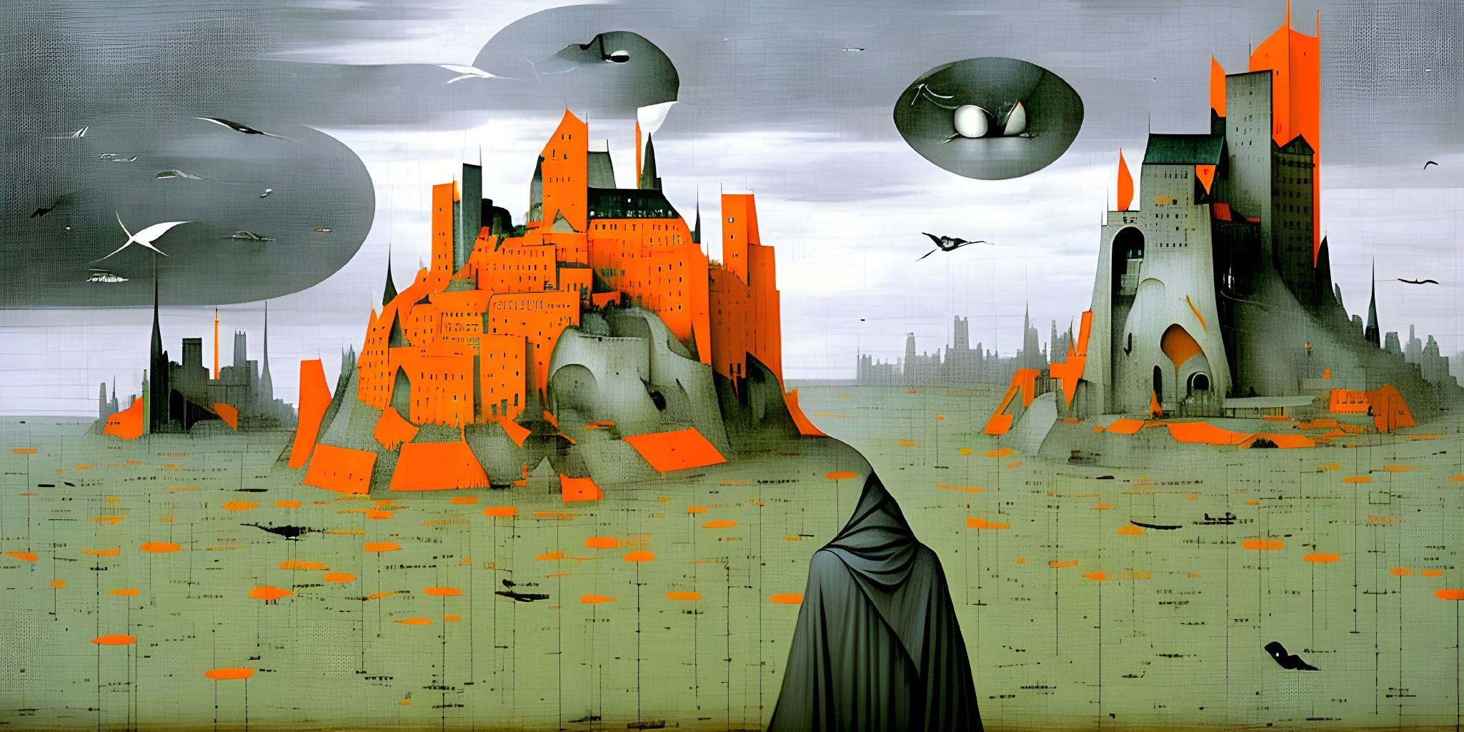 Surreal landscape featuring orange buildings, cloaked figure, floating eyeballs, birds, stormy