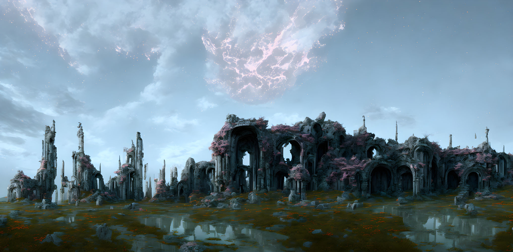 Surreal ruins landscape with pink flora and nebula sky