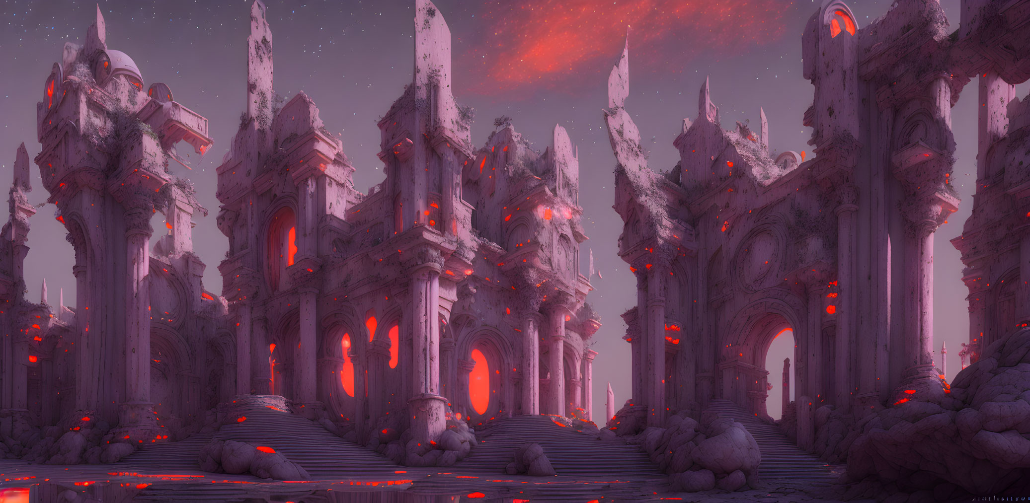 Alien landscape with gothic structures and purple starlit sky