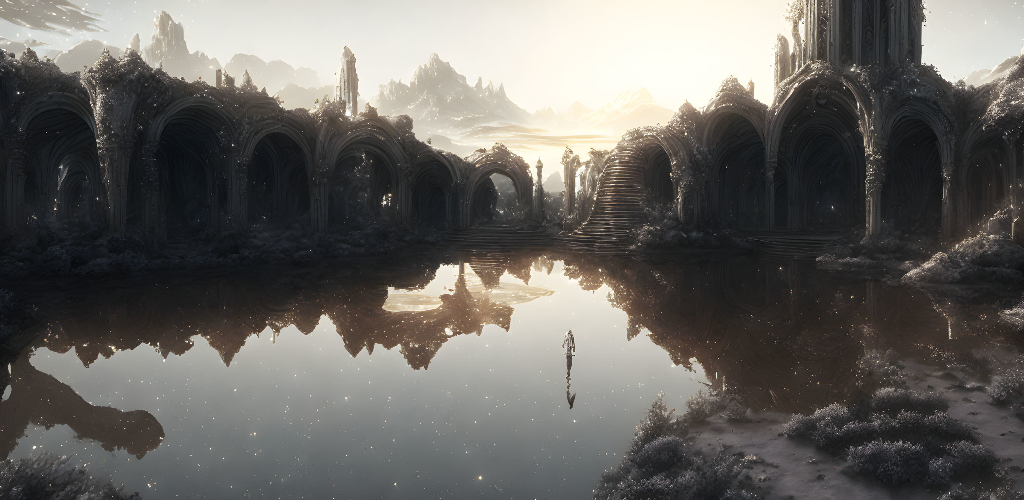 Gothic arches reflected in water with figure in frost-covered landscape