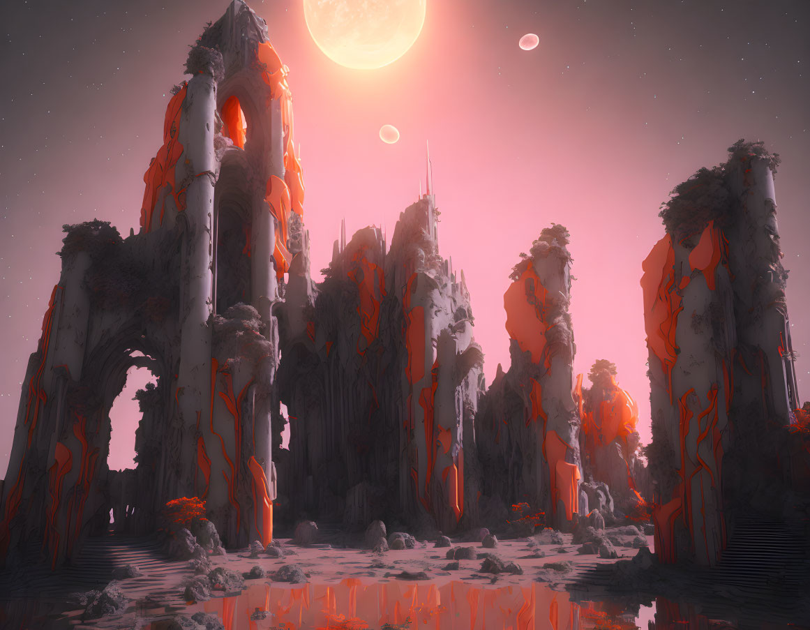 Ethereal landscape with towering ruins and multiple moons in pink sky