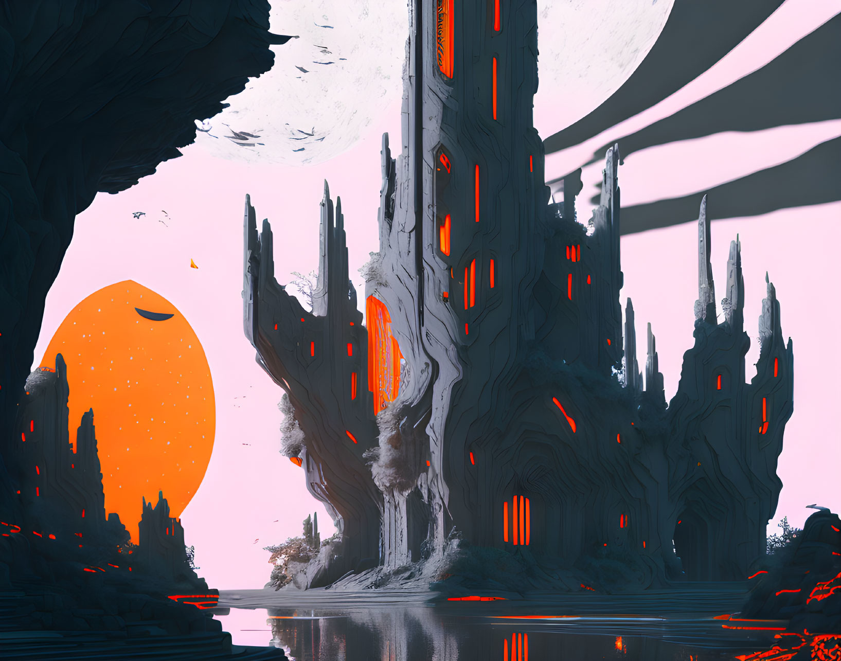 Futuristic alien landscape: towering spires, orange sun, red sky, Saturn-like rings