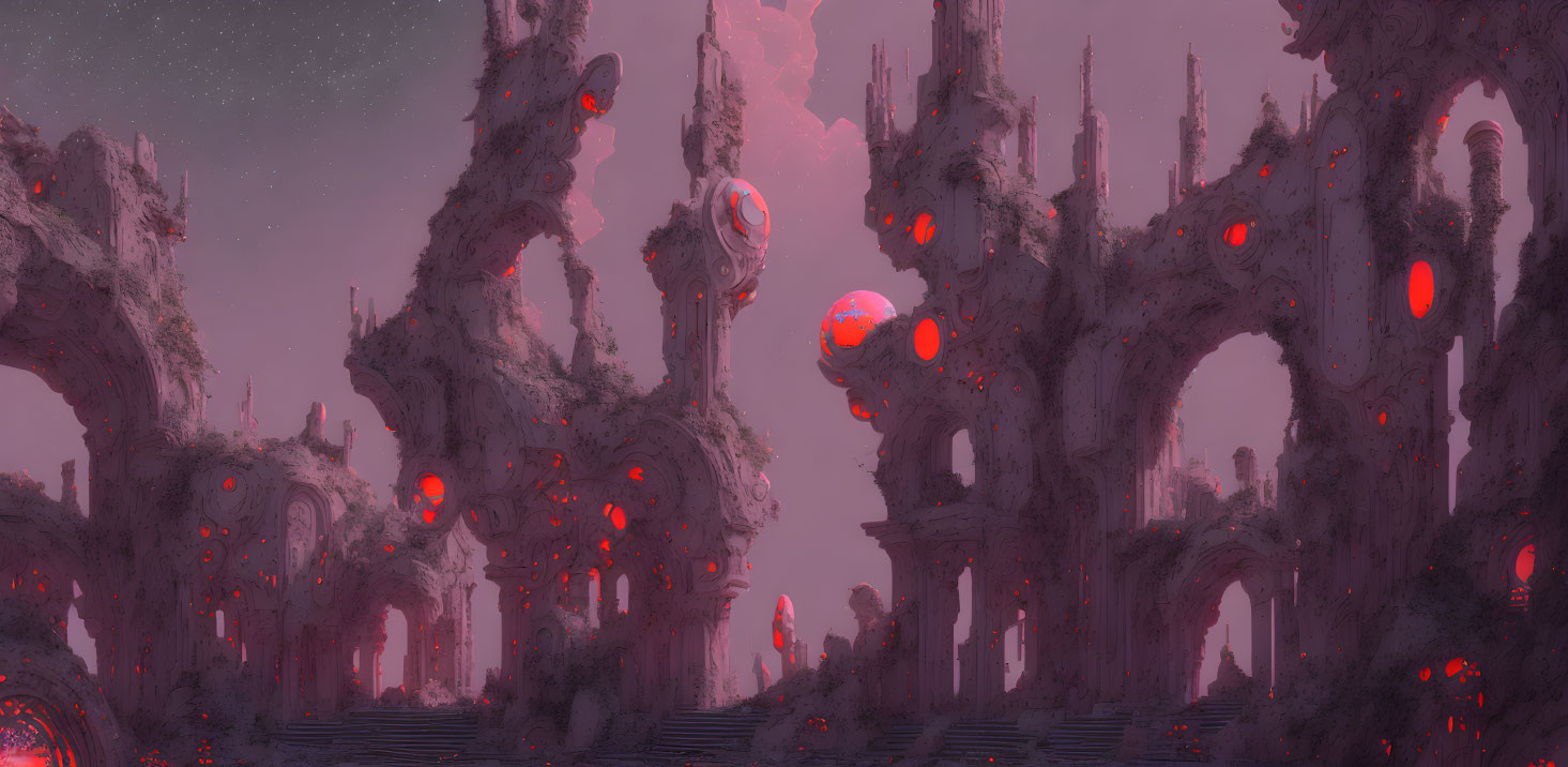 Alien landscape with towering spires and glowing red orbs at night