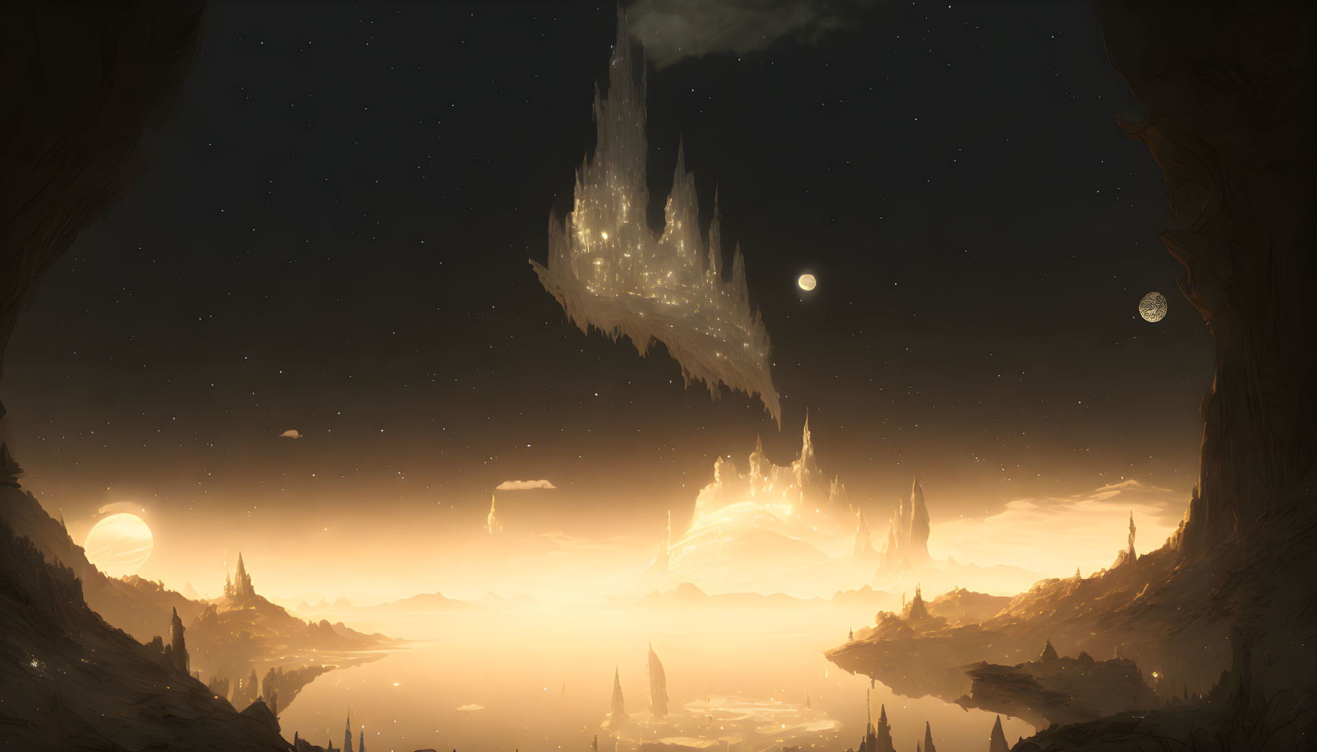 Fantastical landscape with floating islands, glowing sunset, multiple moons, and silhouetted trees