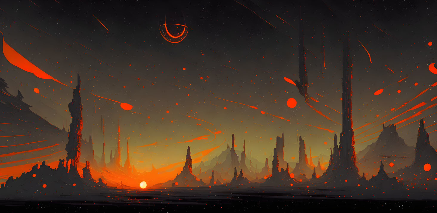 Dystopian landscape with towering spires and red sun setting