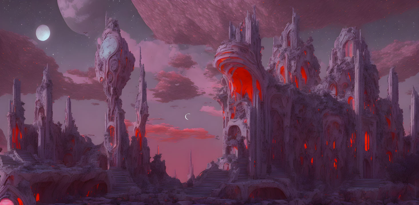 Alien landscape with crimson-lit spires under two moons and a glowing sun