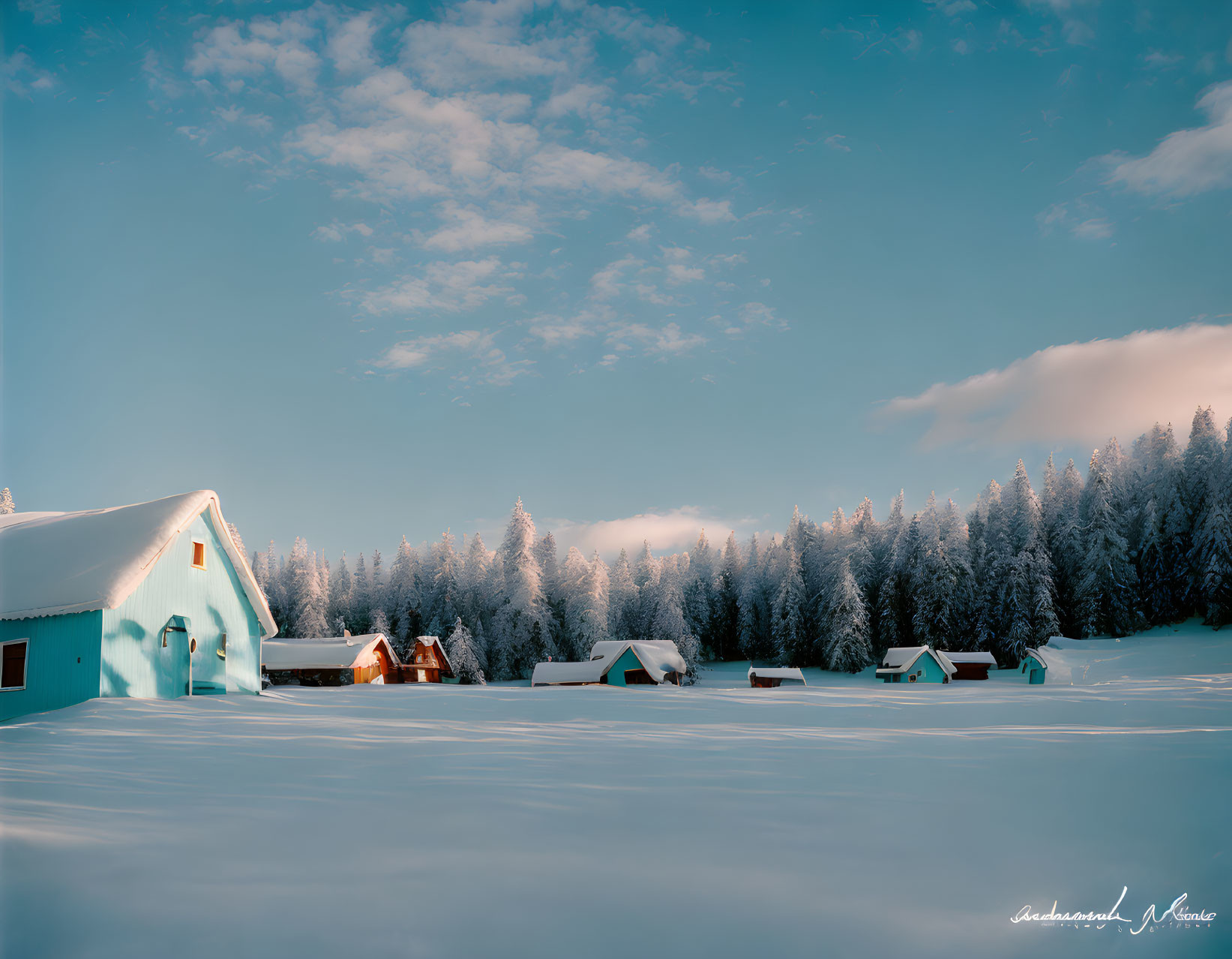 Snowy landscape with cozy houses and pine trees at sunrise