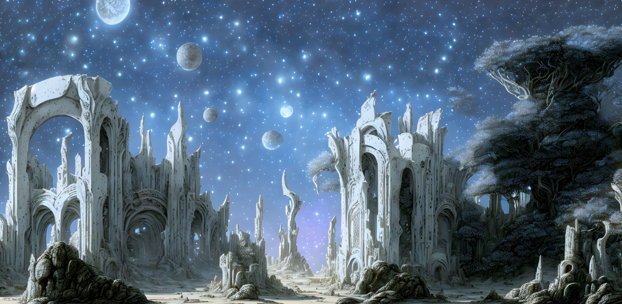 Alien landscape with celestial bodies, ancient ruins, and exotic trees