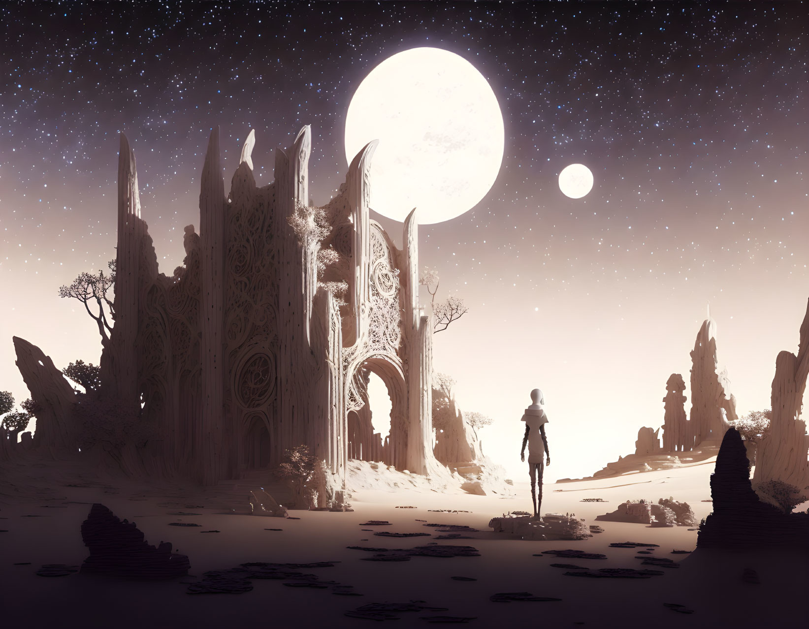 Silhouette of person at ornate gate with alien spires under starry sky.