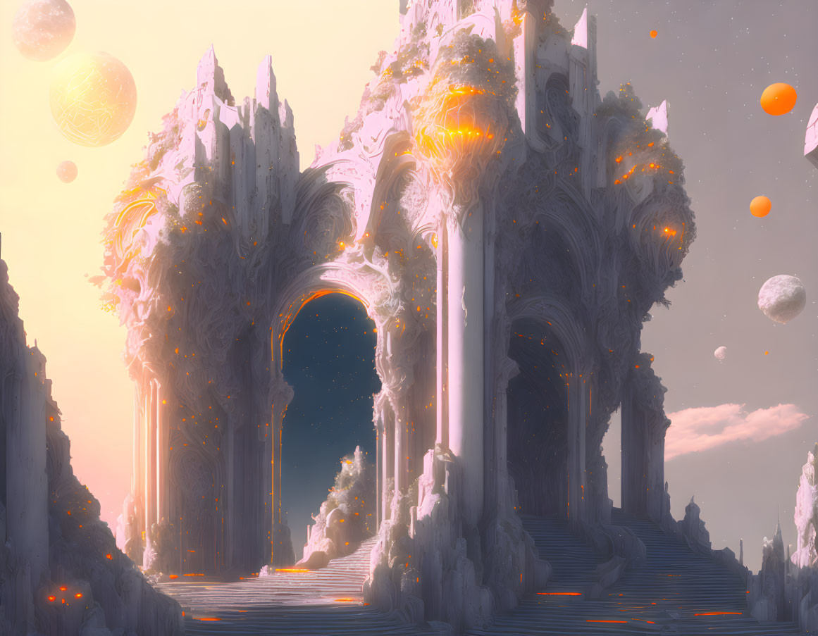 Alien landscape with towering arches and glowing lights