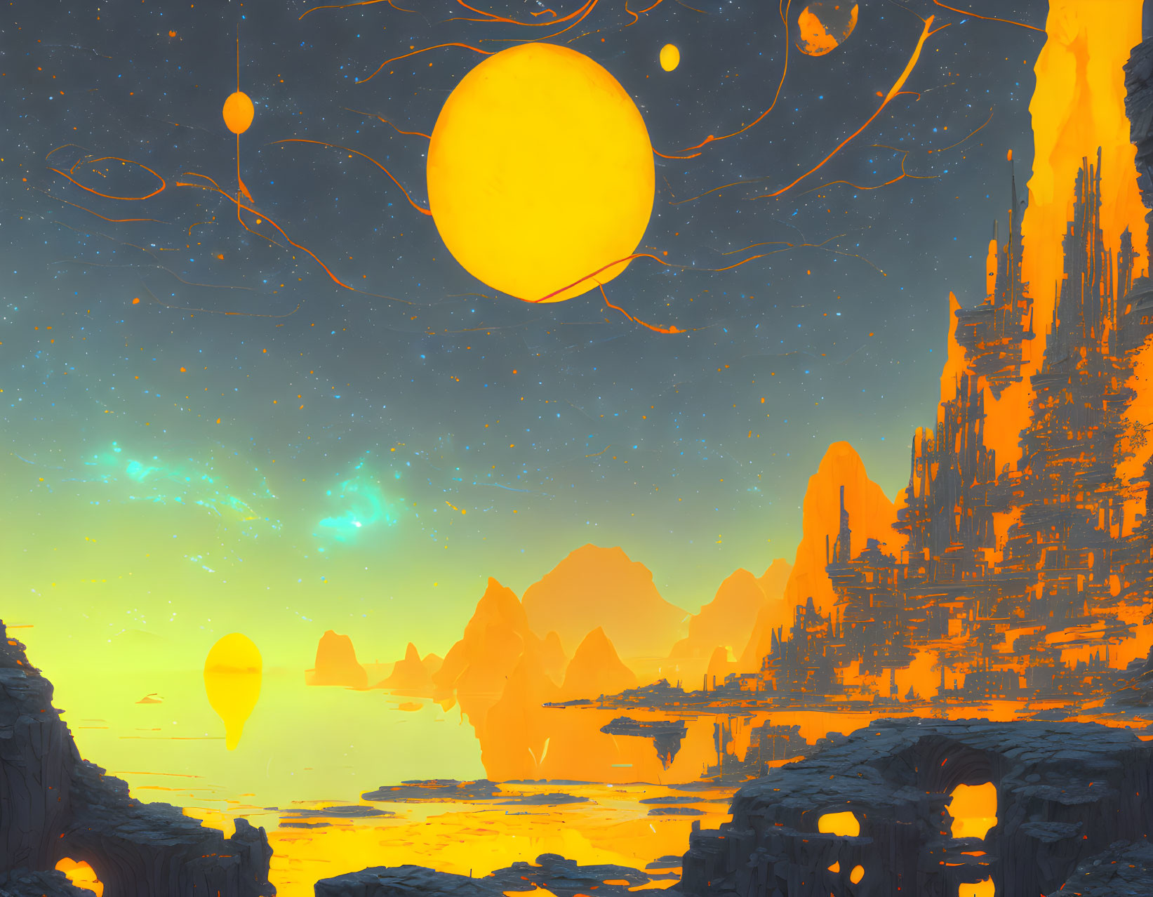 Vibrant sci-fi landscape with towering rock formations and floating orbs