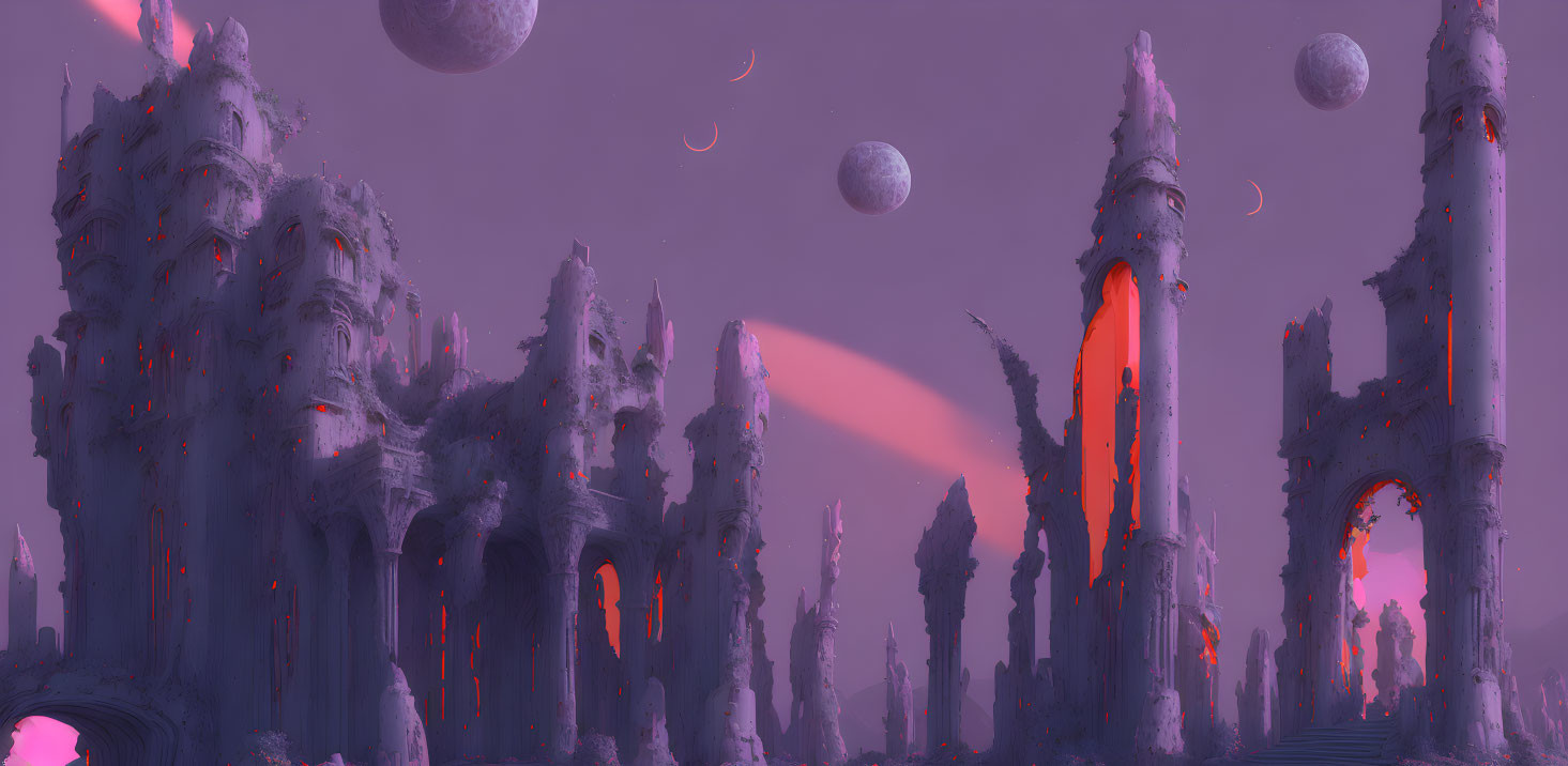 Fantasy landscape with towering purple spires and glowing orange, multiple moons in dusky sky