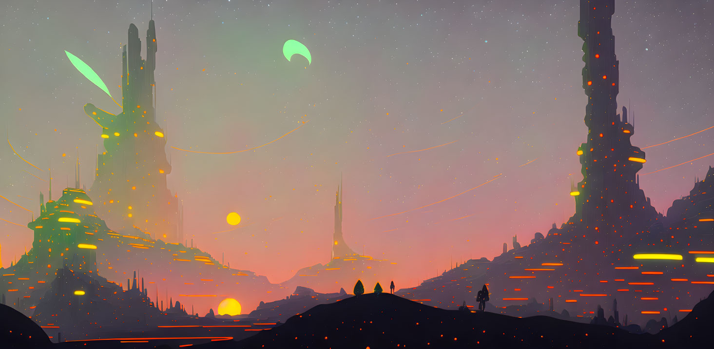 Futuristic dusk landscape with towering spires and glowing orbs