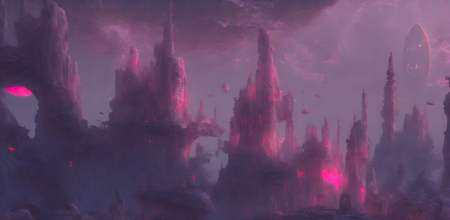 Alien landscape with pink and purple crystalline structures