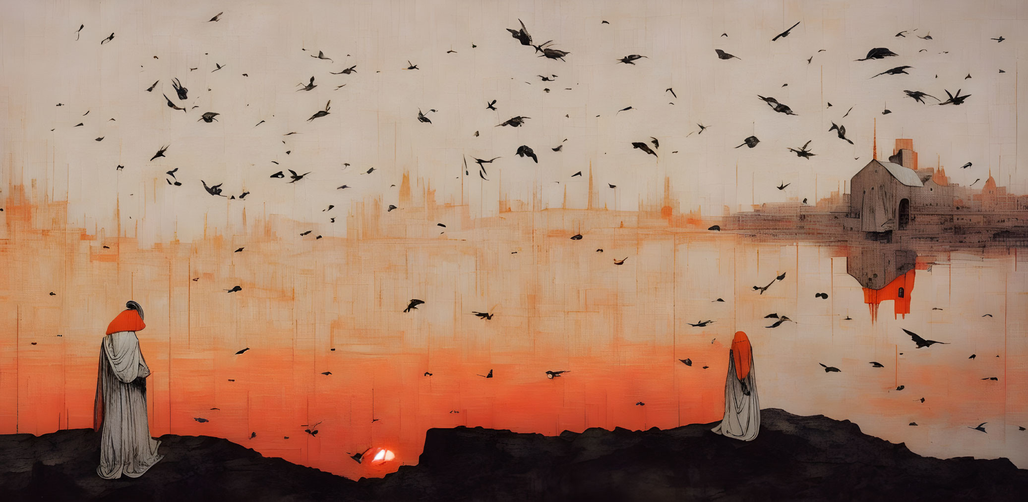 Digital artwork: Two robed figures on rocky outcrop with birds above red water.