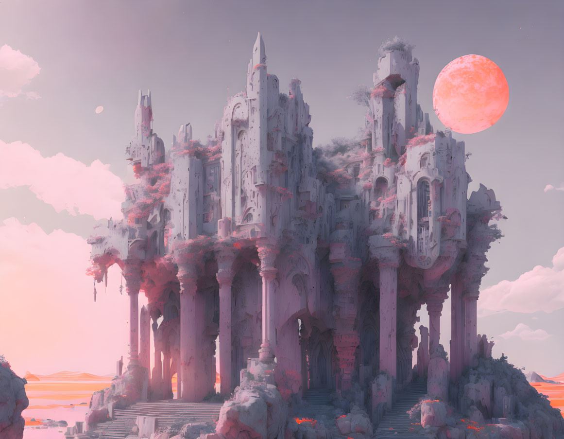 Pink-hued landscape with castle-like structure under moon and floating clouds