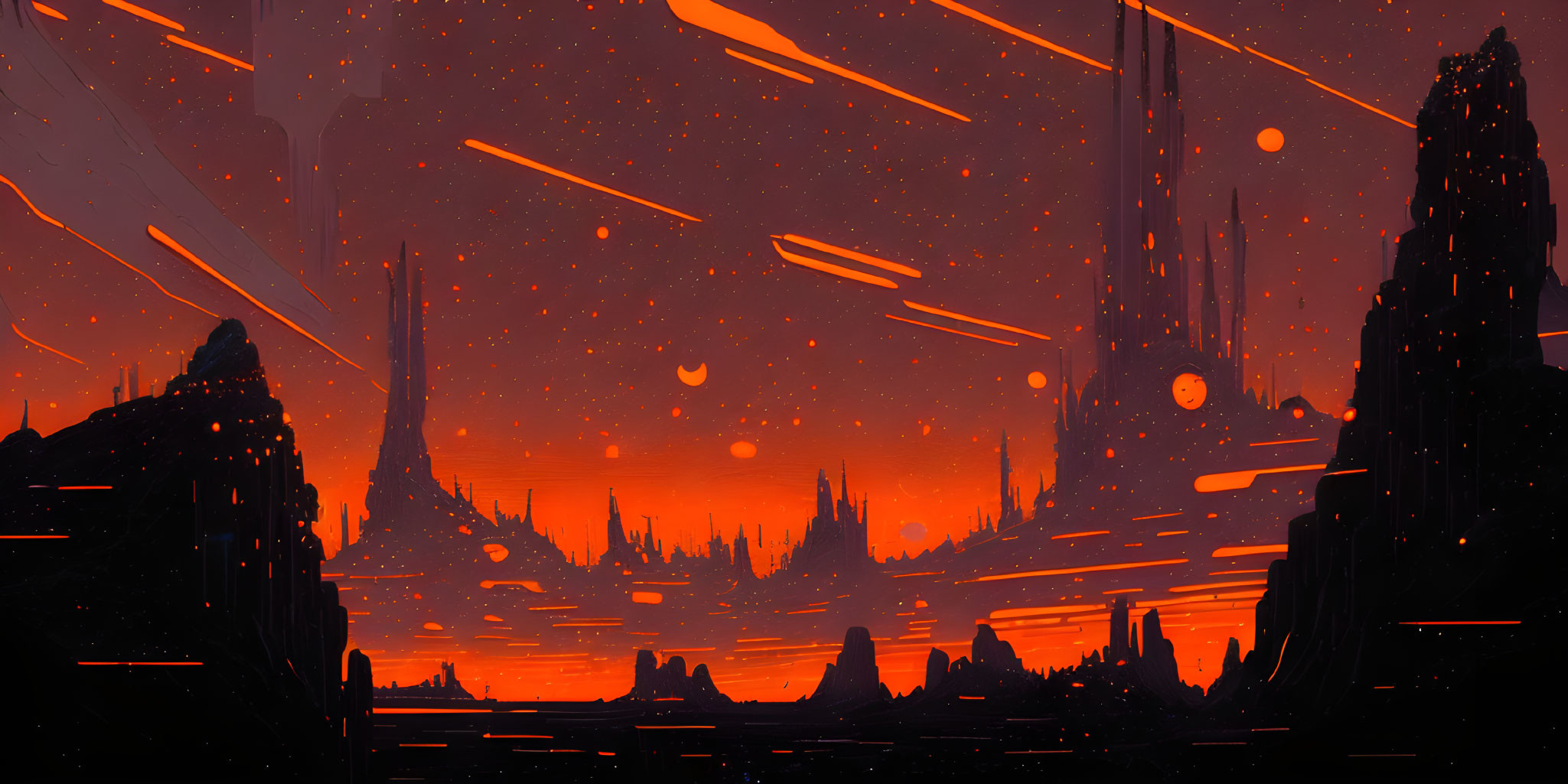 Futuristic cityscape with towering spires and red neon lights