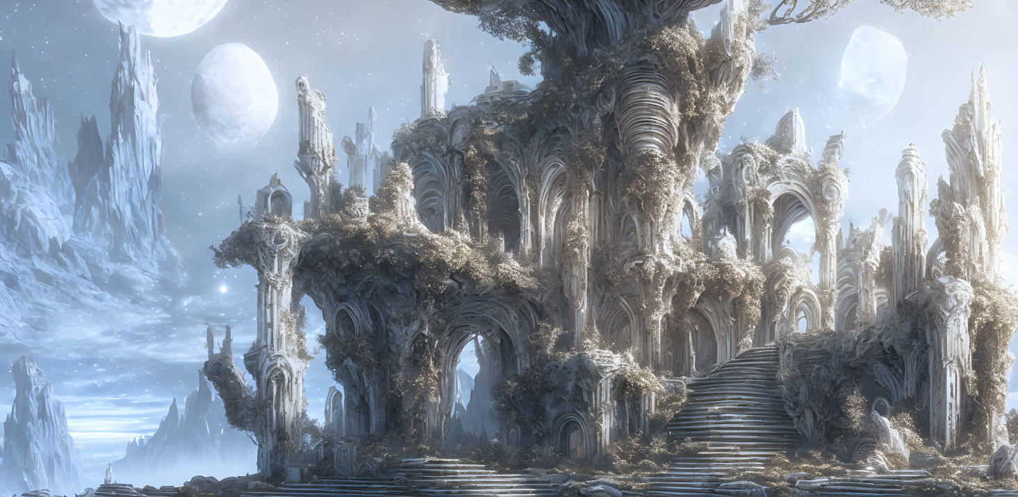 Fantasy landscape with ice-covered spires and colossal tree-like structure