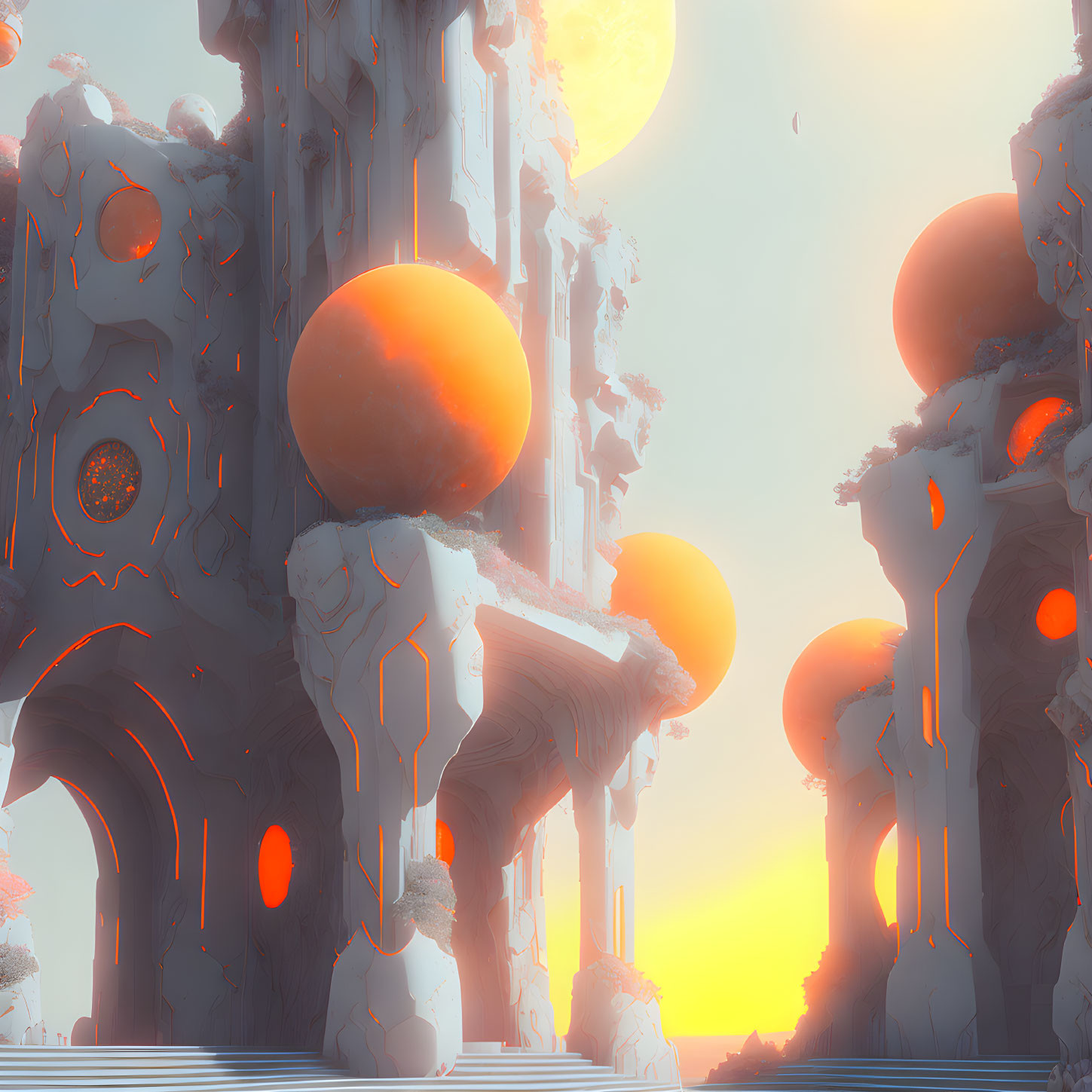 Surreal landscape with towering structures and floating orbs in pastel sky