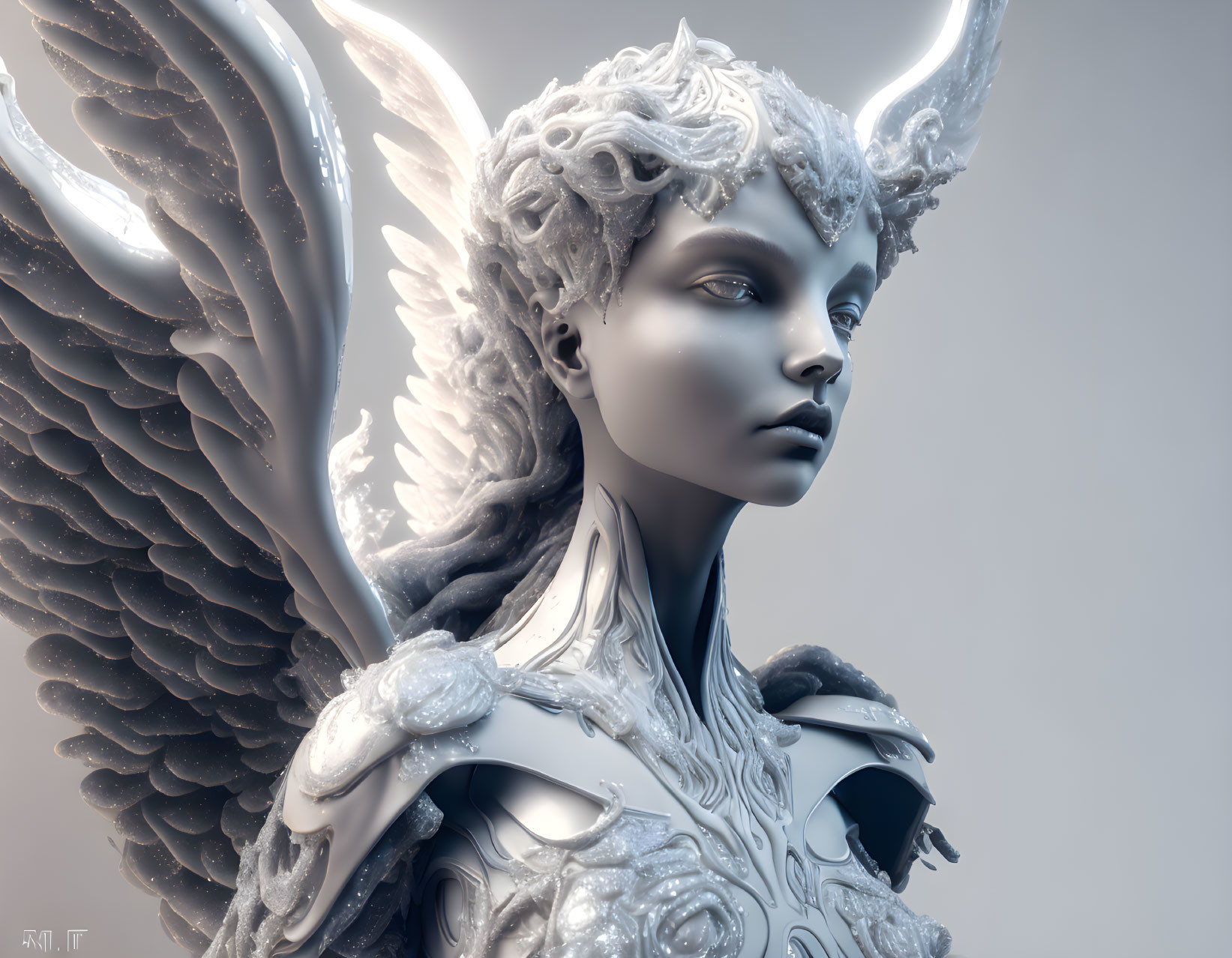 Fantastical character with angel wings, horned headpiece, and ornate armor in monoch