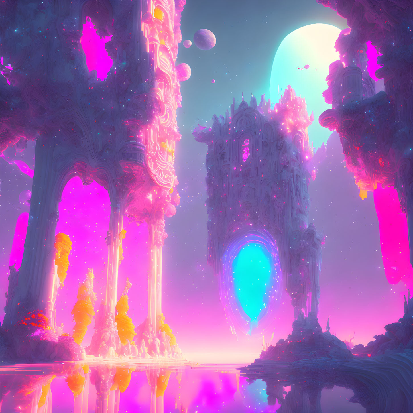 Fantasy landscape with pink and purple structures, reflective water, and large moon