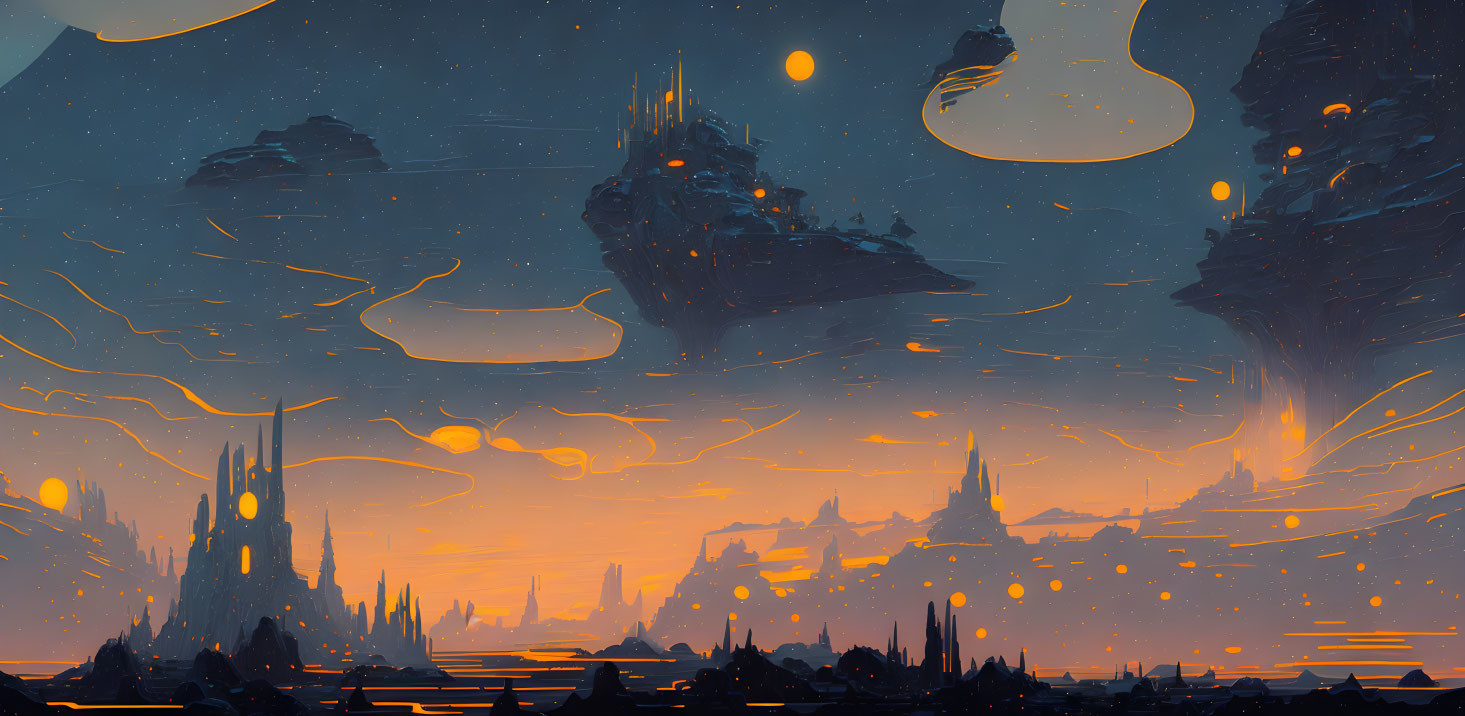 Alien landscape with floating rocks, orbs, and spires at dusk