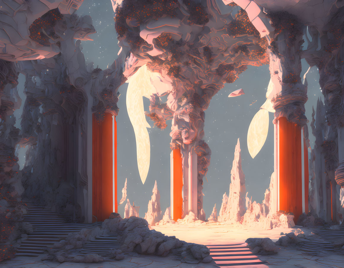 Fantastical landscape with towering columns and floating islands