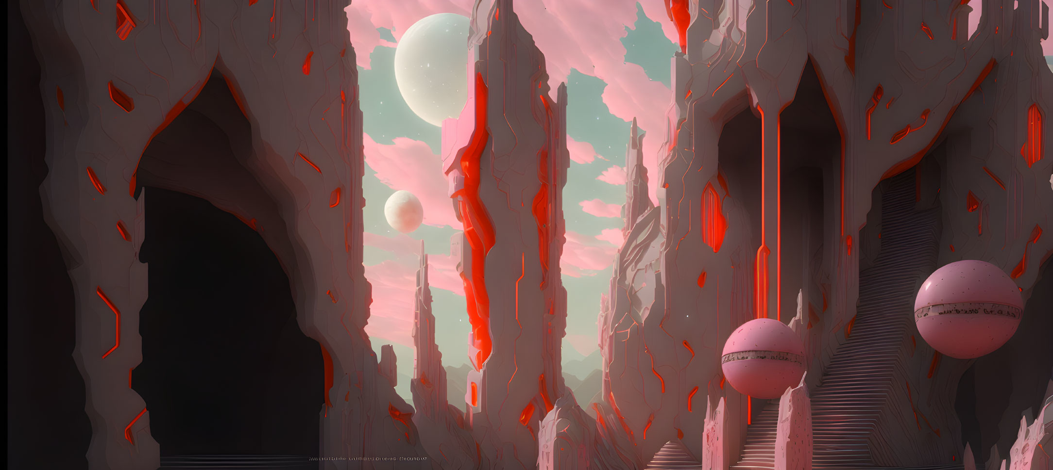 Surreal landscape with crimson caverns, dual moons, spherical structures, and fluorescent orange highlights.