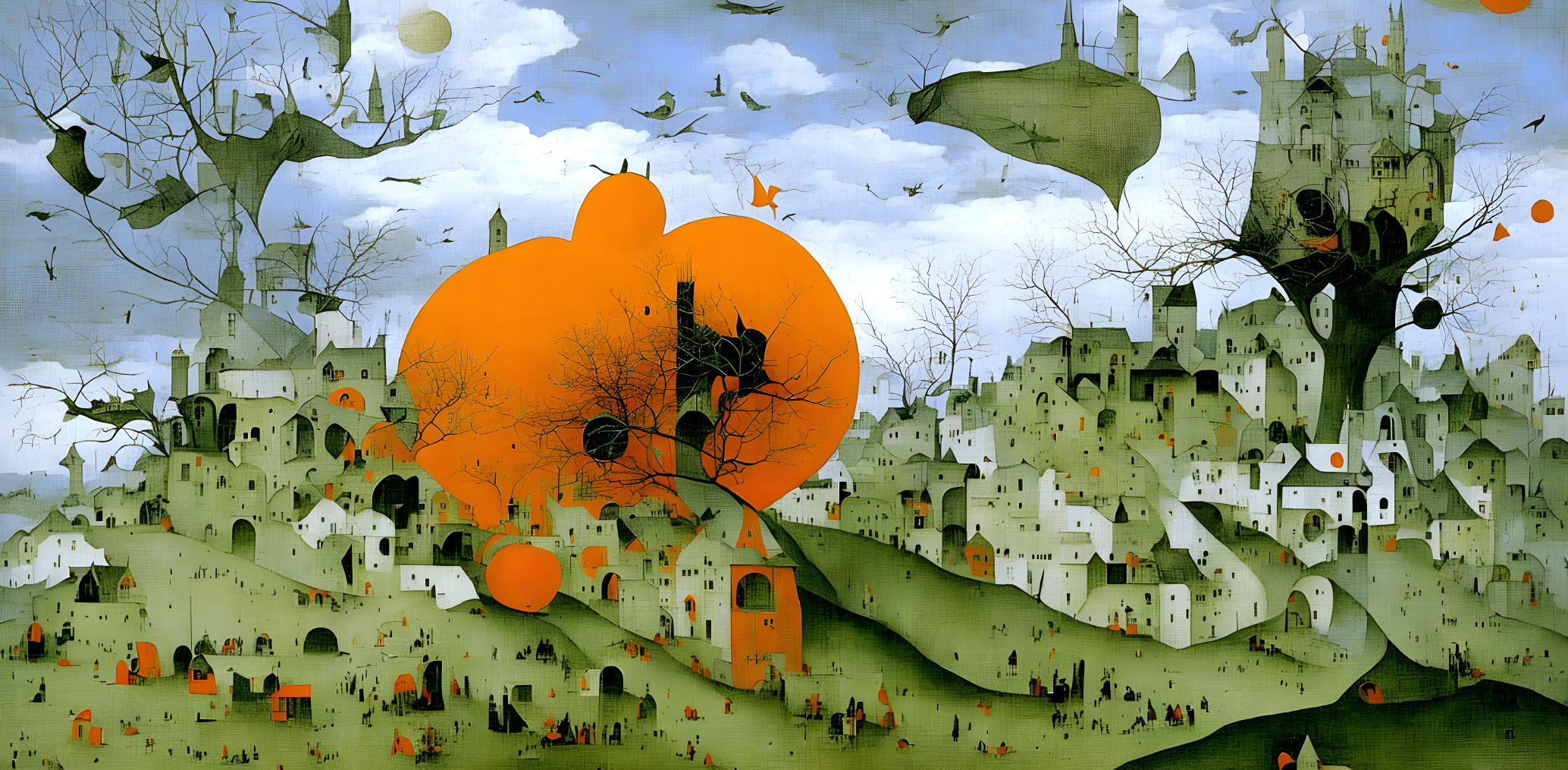 Whimsical surreal landscape with orange trees and floating figures