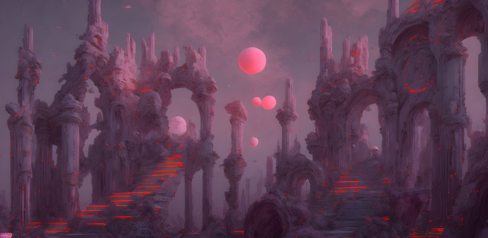 Surreal futuristic landscape with pink ruins and multiple moons