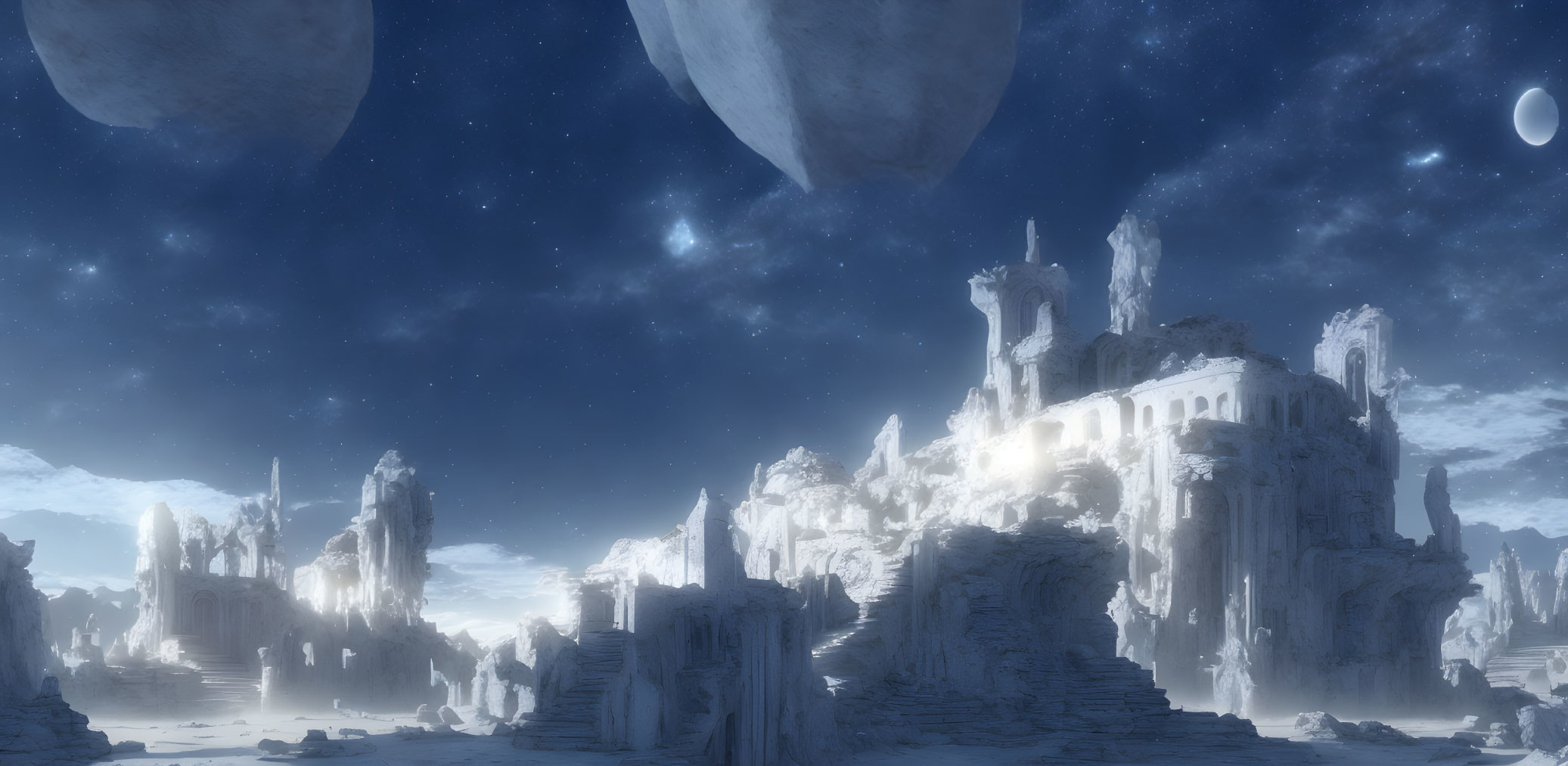 Desolate icy landscape with ruined castles under celestial night sky