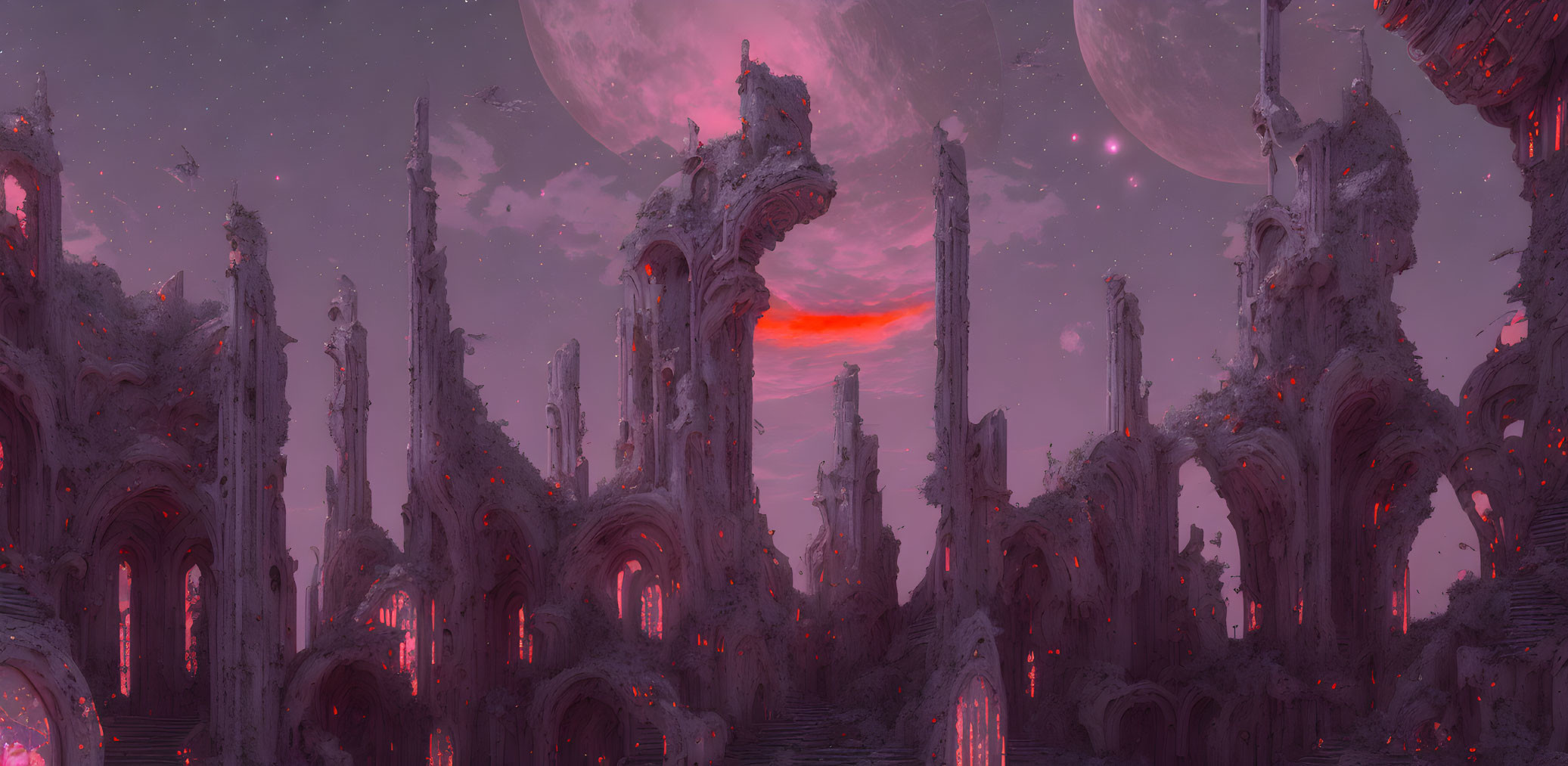 Alien spires in fantastical landscape under pink sky