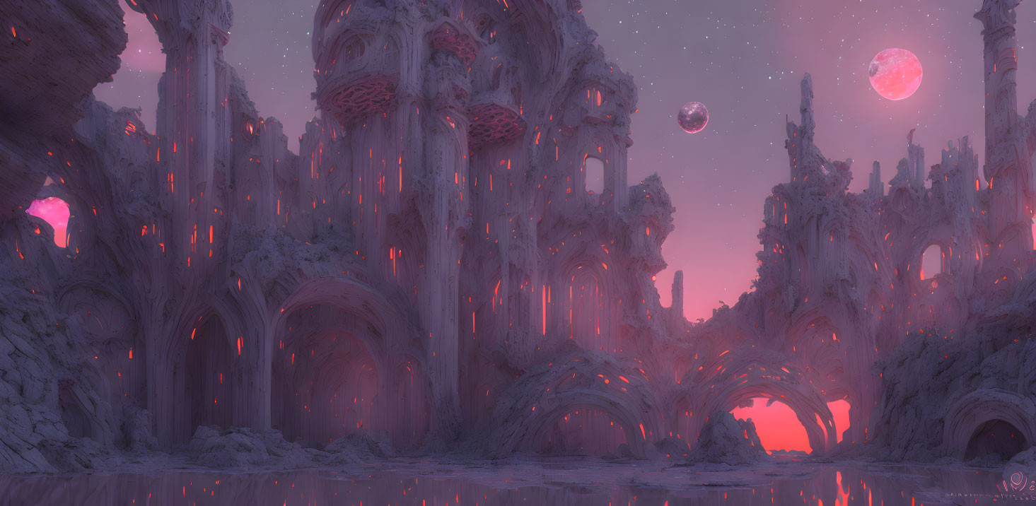 Ethereal alien landscape with towering spires and pink moons