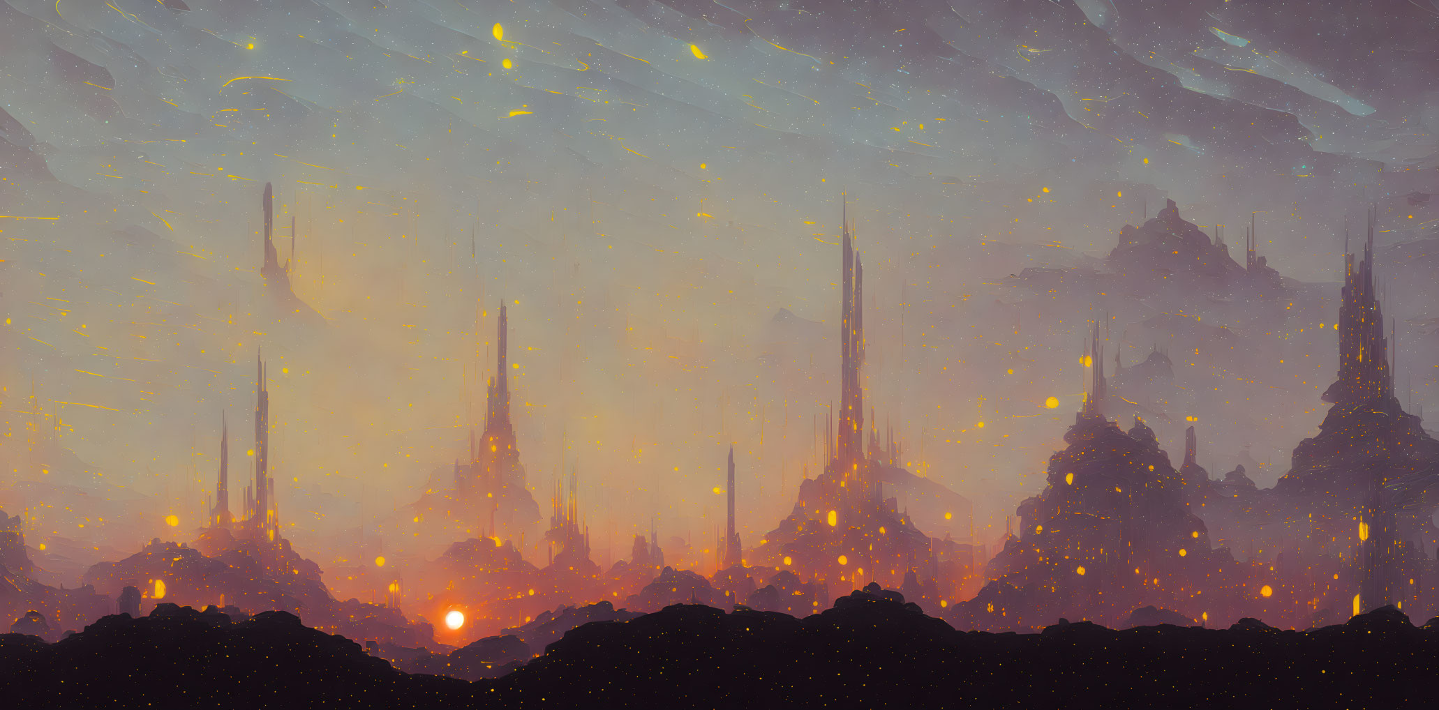 Fantasy cityscape with towering spires at dusk