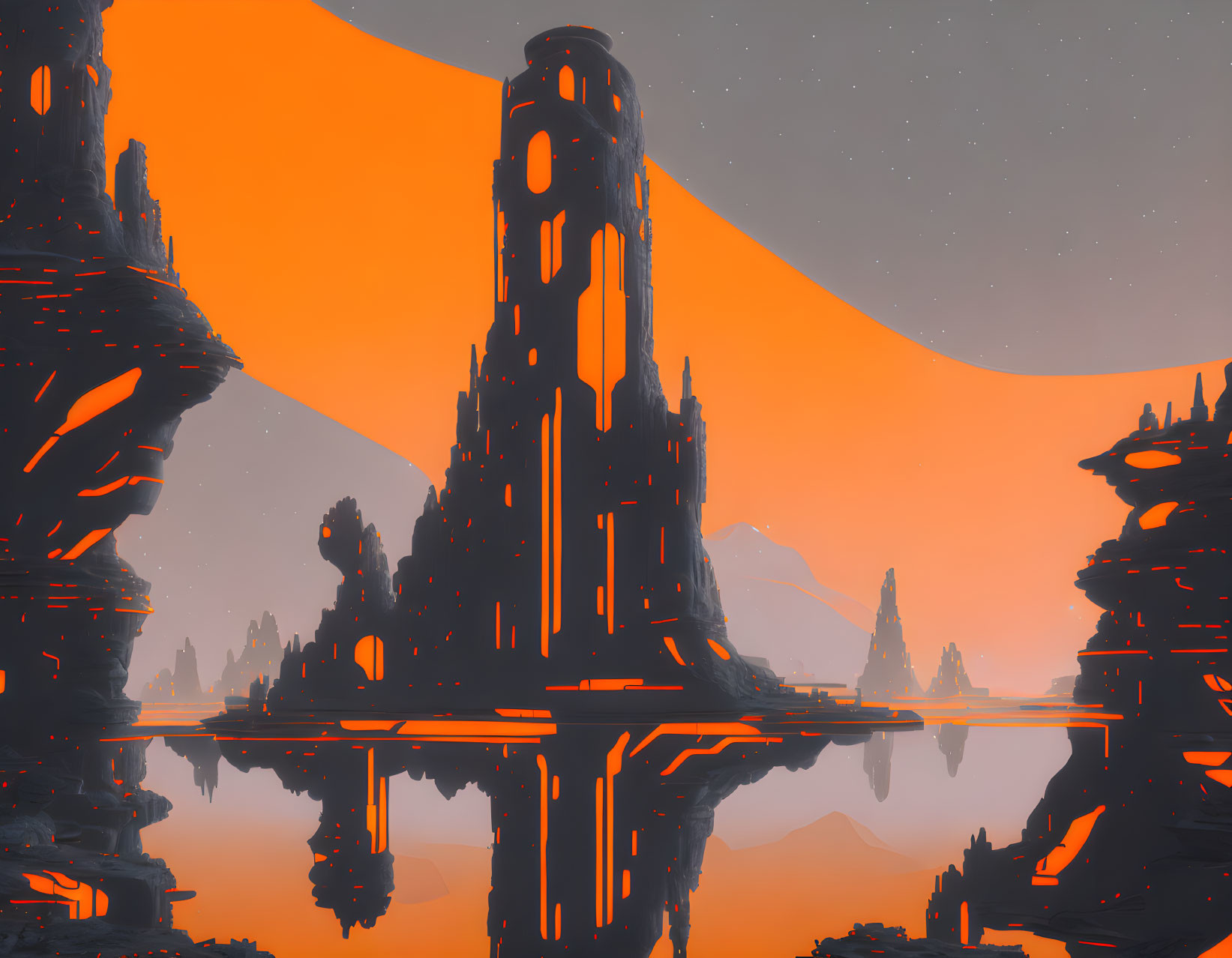 Orange-Toned Futuristic Landscape with Rock Formations & Alien Sky