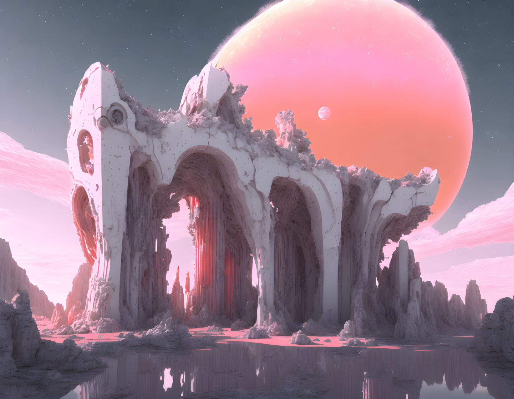 Surreal landscape with skull-like structure under pink sky