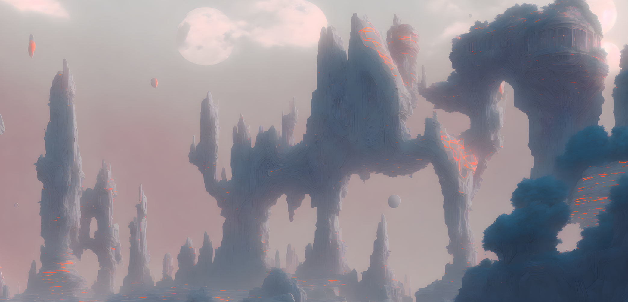 Majestic landscape: towering rocks, floating islands, dual moons in pink sky