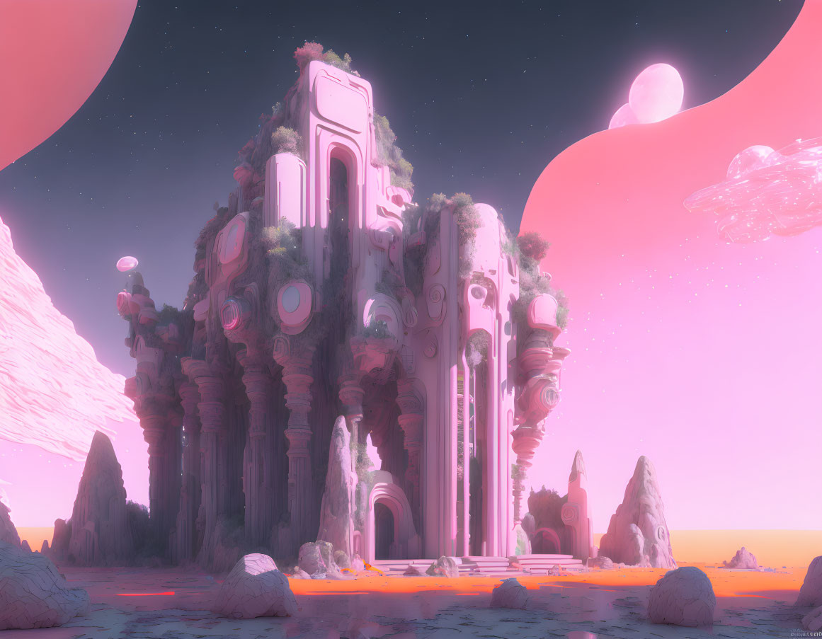 Surreal landscape with towering structure in pink skies