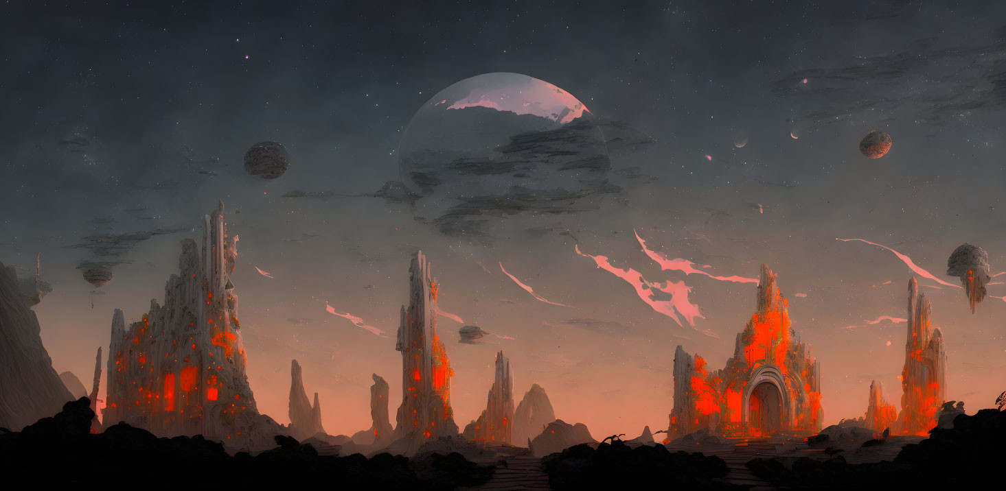 Sci-fi landscape with glowing orange structures, multiple moons, and figure at dusk