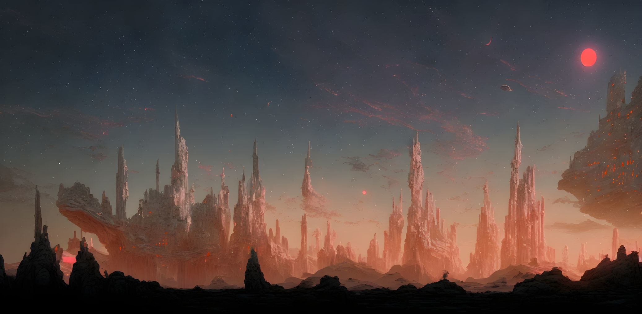 Alien landscape with spire-like rocks, red skies, and dual moons