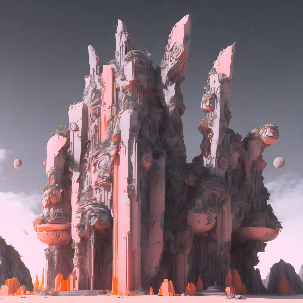 Pink-hued alien landscape with organic structures and floating orbs