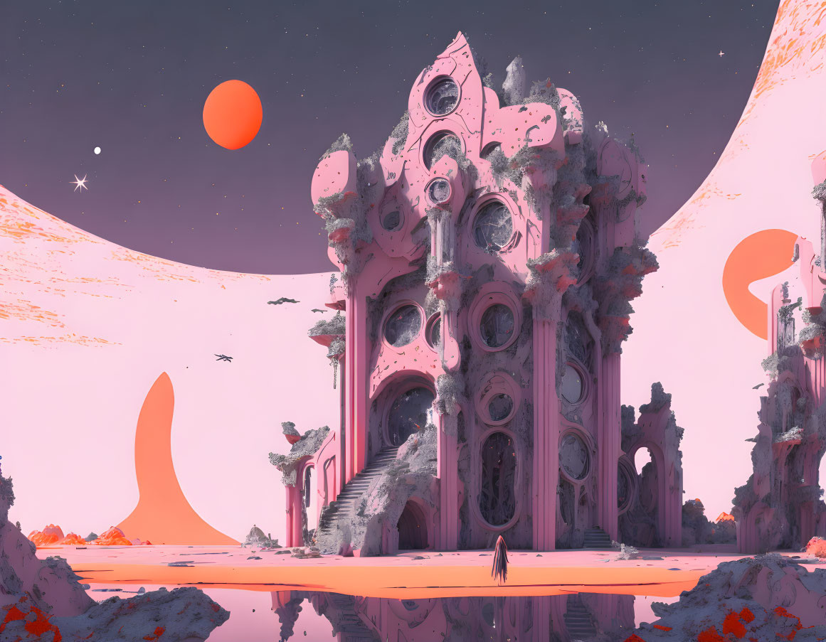 Solitary figure in front of futuristic alien planet with pink skies