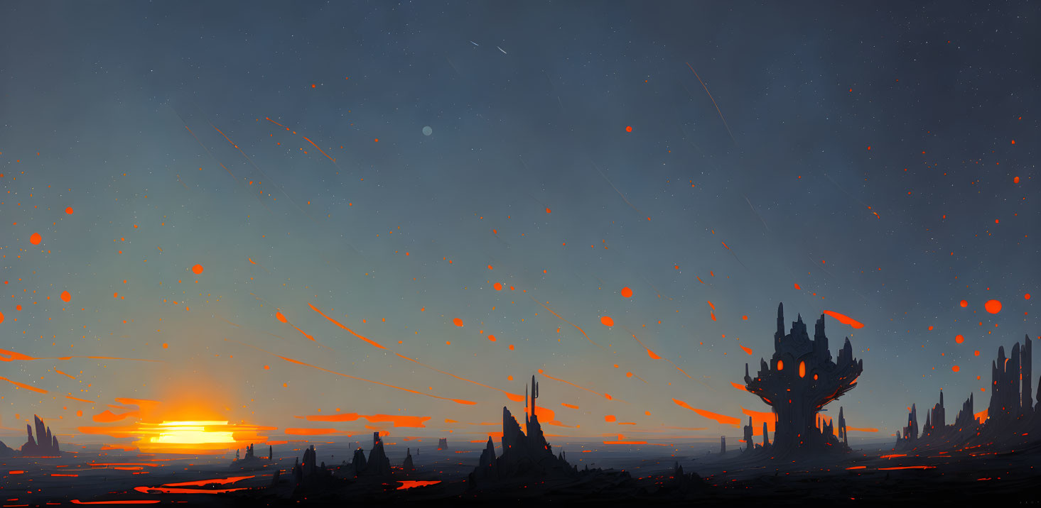 Futuristic sci-fi sunset landscape with towering structures and meteor shower