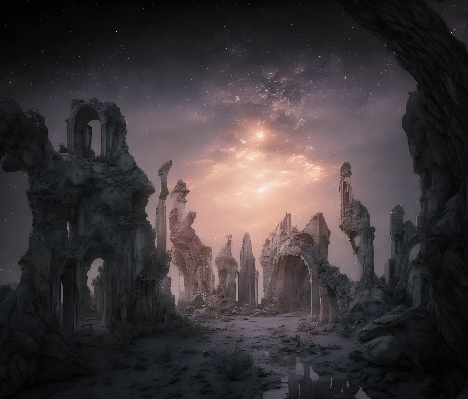 Mystical twilight landscape with ancient ruins under starry sky