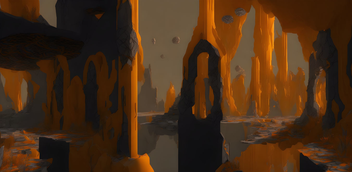 Mysterious cavern with tall orange rock formations and floating boulders