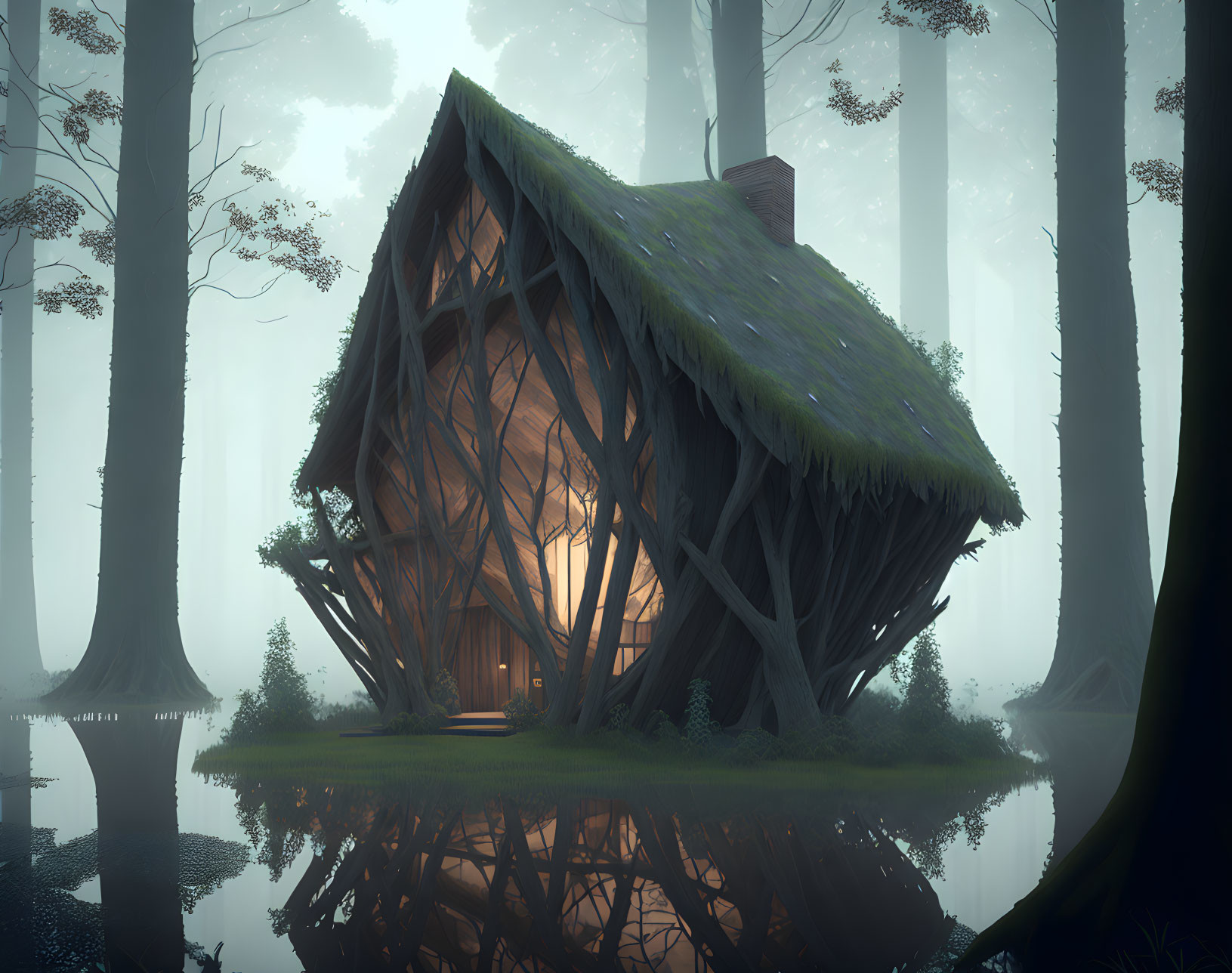 Moss-Covered Wooden House in Misty Forest with Warm Glowing Light