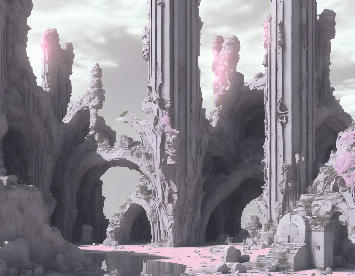 Fantastical landscape with ornate spires and natural arches in a pinkish atmosphere